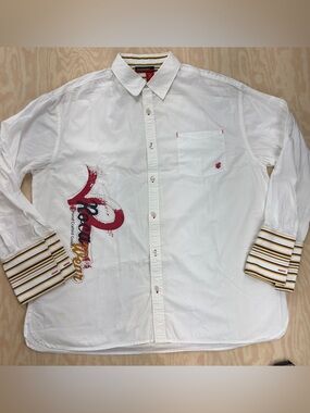 Rocawear Men Large Logo 3XL  Vertical Striped Button Down Long Sleeve Cotton Y2K